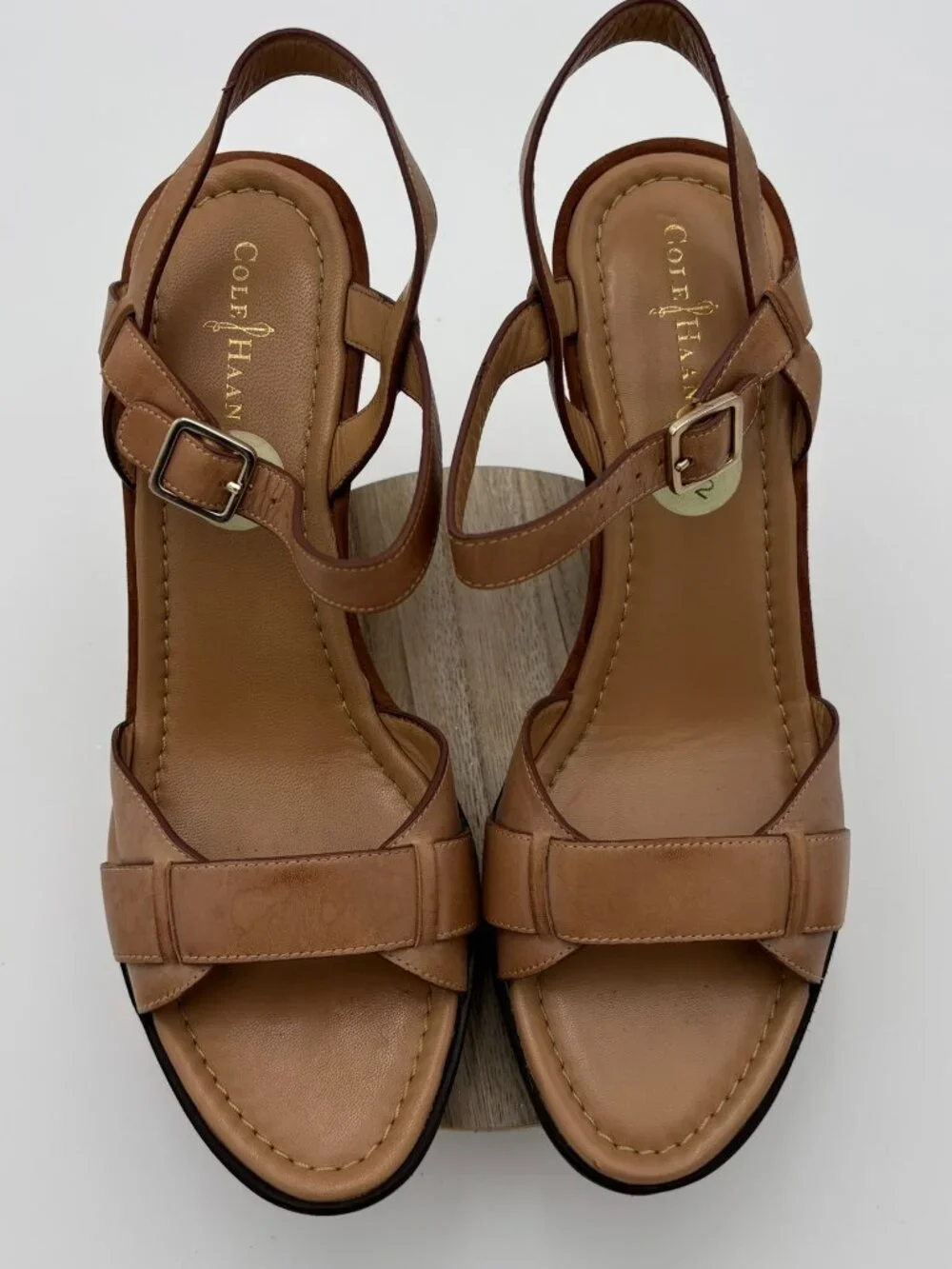 Cole Haan Nike Air Tan Leather Suede Chunky Platform Wedge Sandals 9.5B